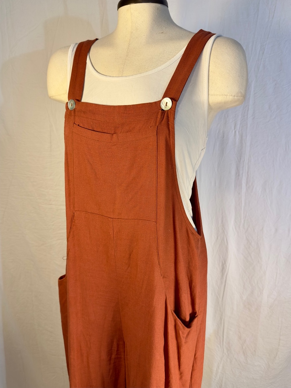 SHEIN Rust Orange Linen-Blend Overalls Jumpsuit Wide Leg Pocketed Size Small